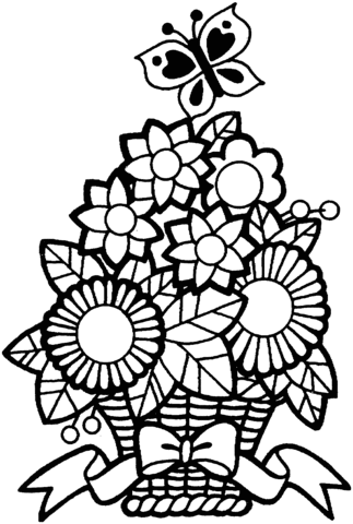 Butterfly And A Bucket Of Flower Coloring Page